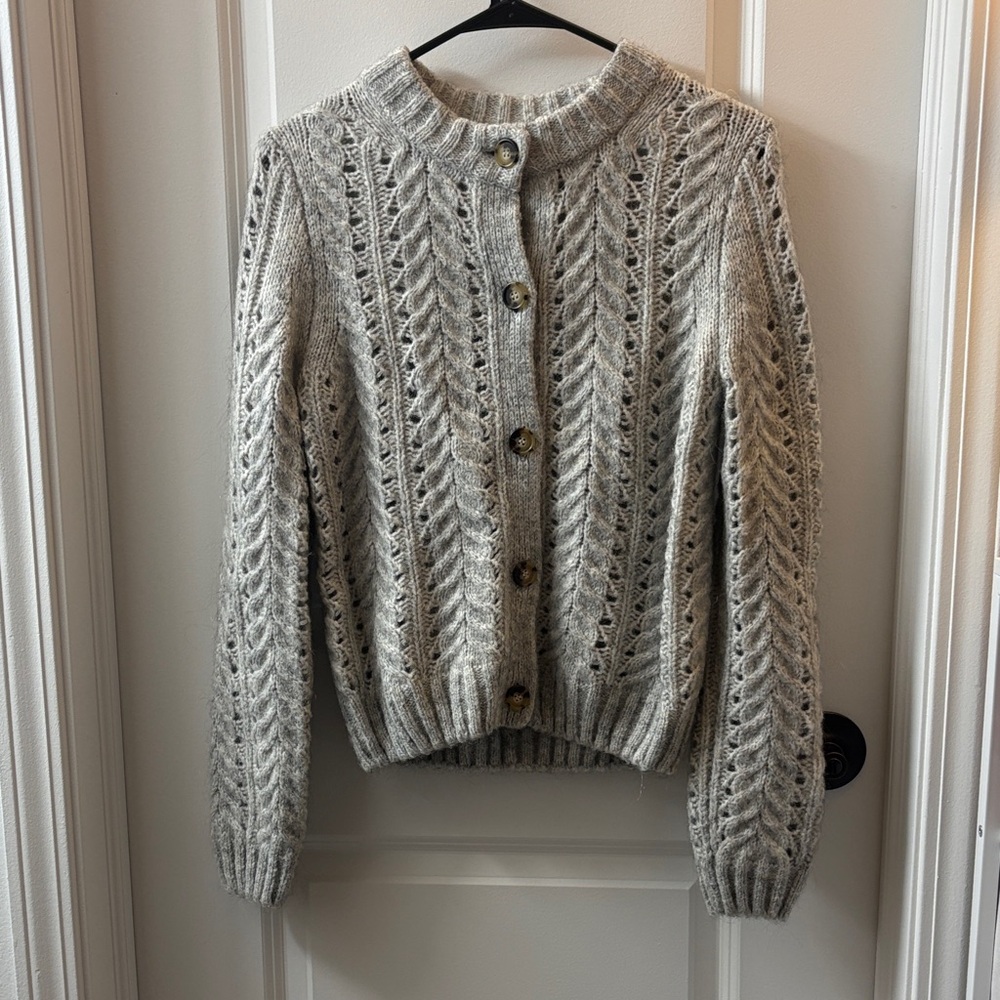 Textured Light Gray Cable Button-Up Cardigan Sweater